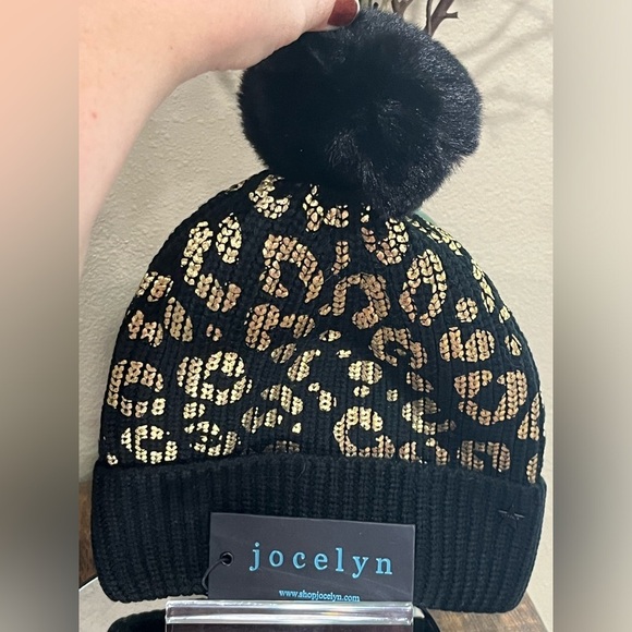 Jocelyn Leopard Foil Print Beanie Hat with Faux Fur Pompom, NEW with tags!